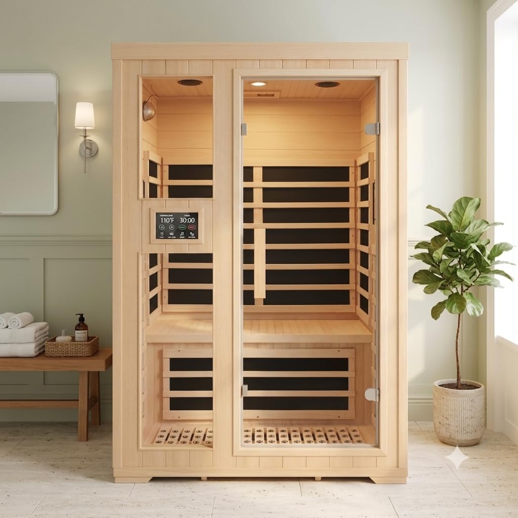 2 Person Indoor Home Infrared Sauna Room for Home Gym, Canadian Hemlock Wood, 616 * 220mm Red Light Beauty System, Fast Heating to 140°F, 110V/1800W, Bluetooth MP3, Gift for Family