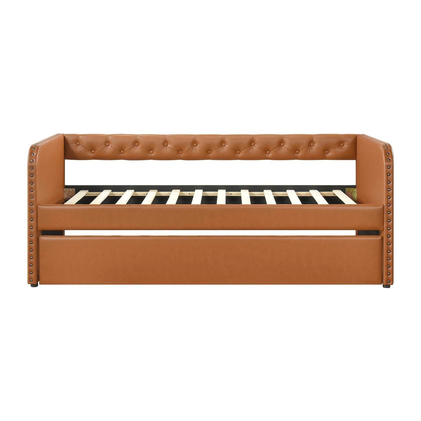 Lexicon Faux Leather Daybed with Trundle, Solid Wood Frame, Nailhead Trim, Wood Slat Support, Button Tufted Trundle Day Bed Sofa Bed for Bedroom/Guest Room, No Box Spring Needed, Twin, Matte Brown