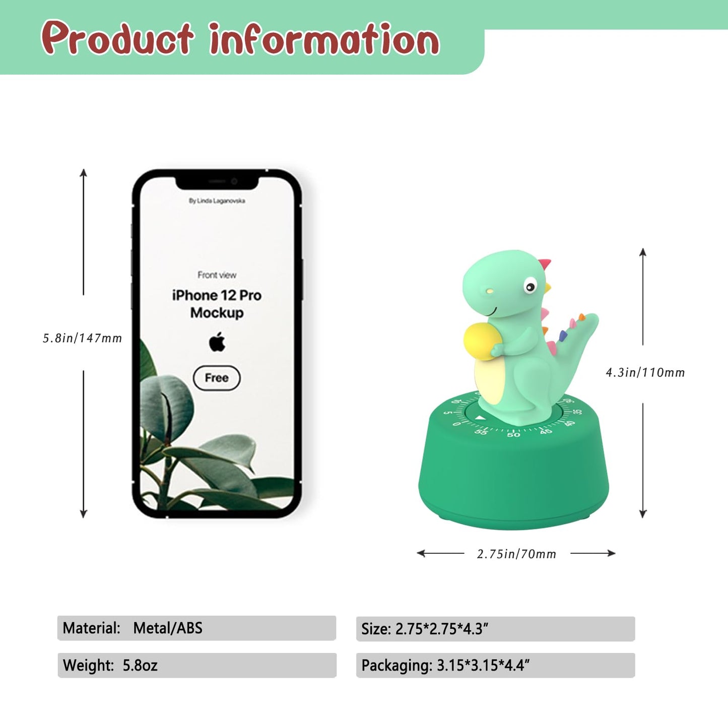 ELE DEPI 60 Minutes Mechanical Kitchen Timer,Cute Dinosaur Timer for Kids,Wind Up Egg Timer for Cooking,Reading,Classroom and Do Sports. (Light Green)