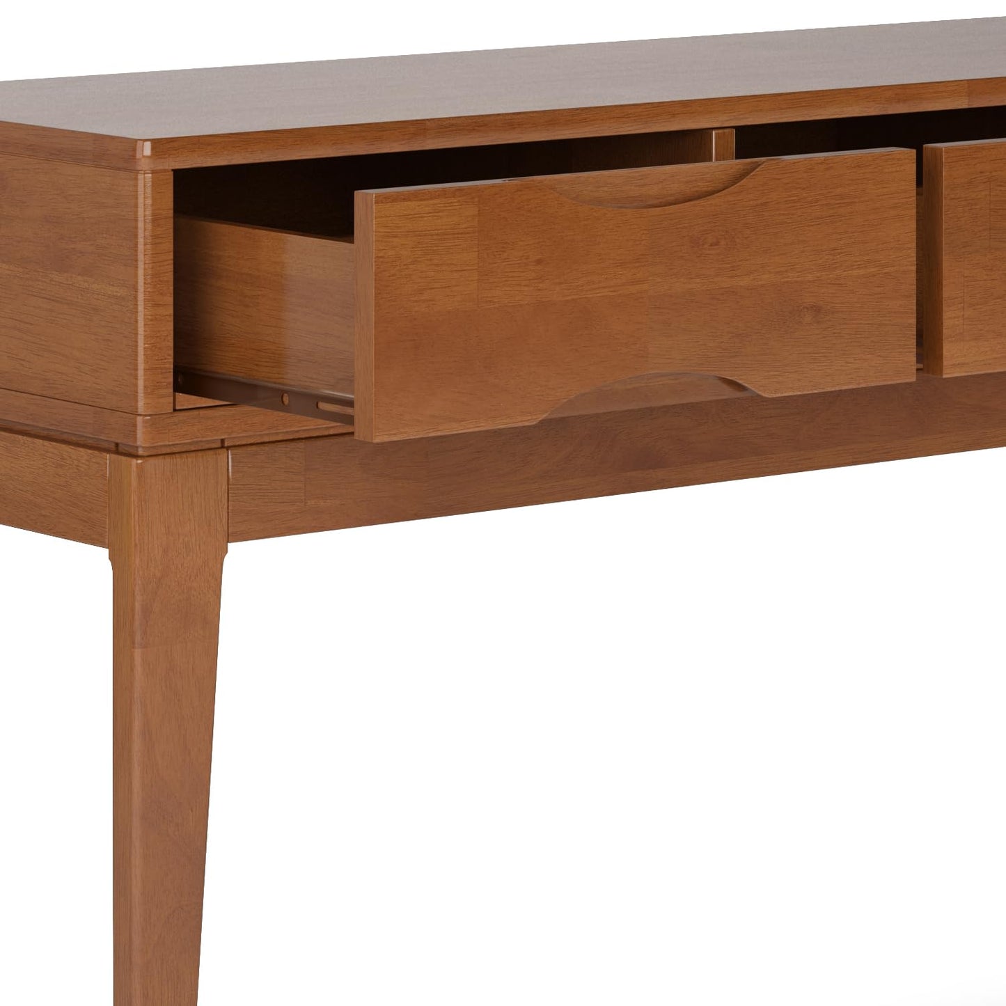 SIMPLIHOME Harper Console Table - 54 Inch Wide Solid Hardwood Sofa Table in Teak Brown, Mid-Century Modern Storage Table for Entryway or Living Room with 3 Drawers, Notched Handles, and Tapered Legs