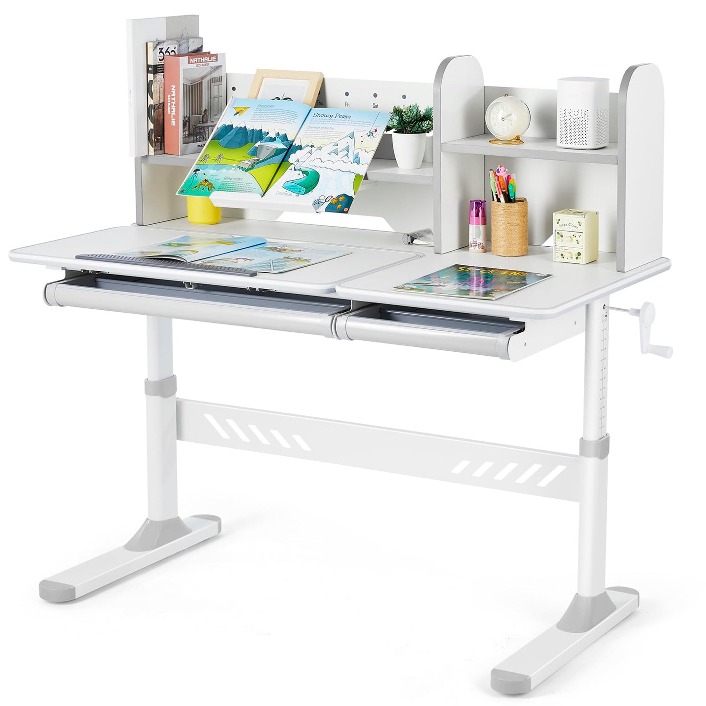JOYLDIAS Ergonomic Kids Desk with Hutch, 47" Wide Height Adjustable Study Table for Home School, Anti-Hunchback Tilting Desktop for Reading & Drawing, Durable Student Learning Center for Boys & Girls