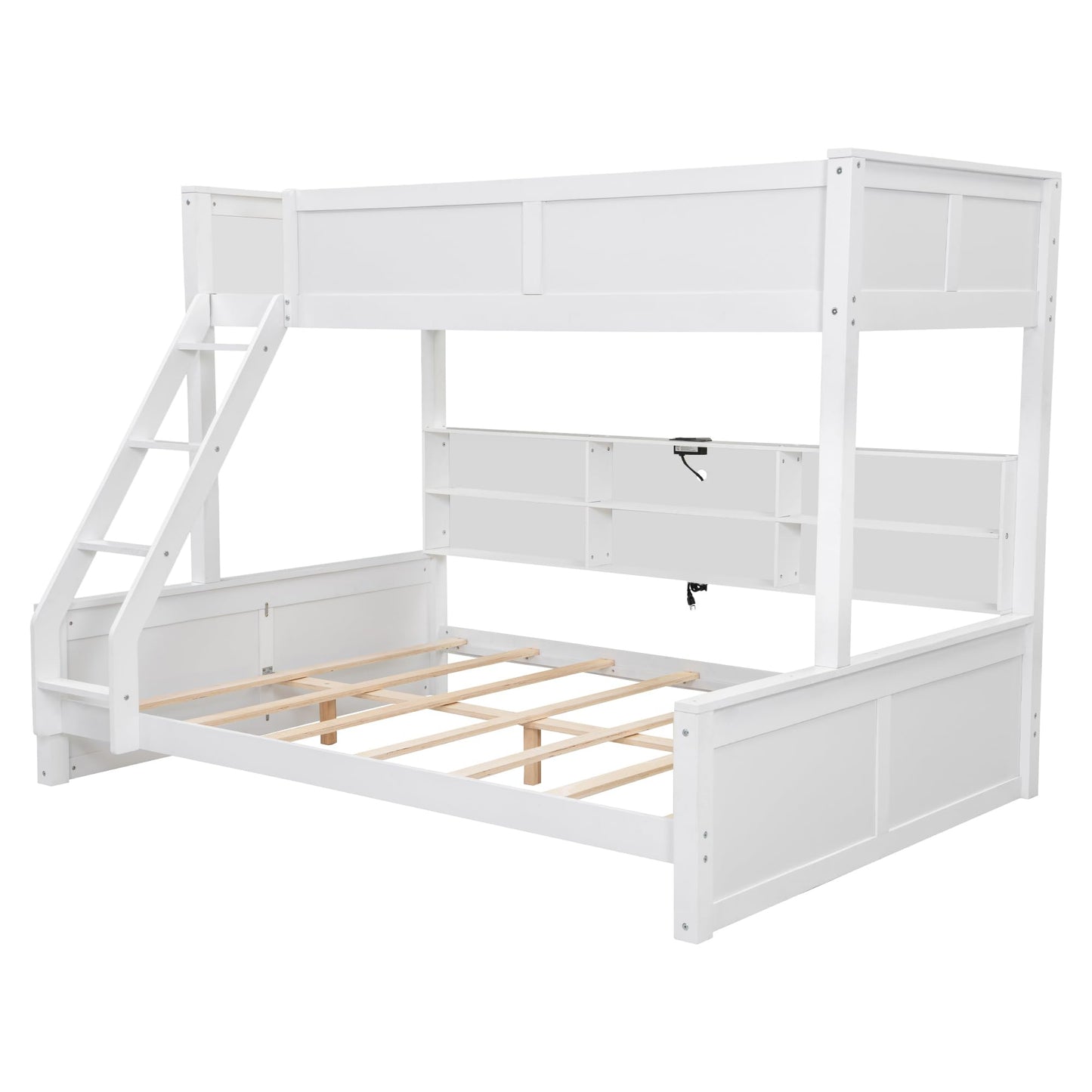 Bellemave Twin XL Over Queen Bunk Bed for Kids/Adults,Bunk Beds with Charging Station and Bookcase,Solid Wood Bunk Beds Twin XL Over Queen for Girls,Boys,Antique White
