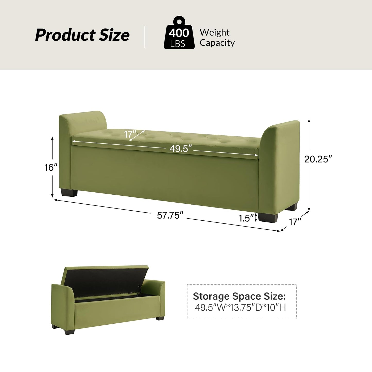 The support you need 58" Faux Leather End of Bed Storage Bench with Flared Arms & Tufted Seating, Large Elegant Transitional Upholstered Bedroom Benches, Flip Top Entryway Ottoman Footrest, Moss