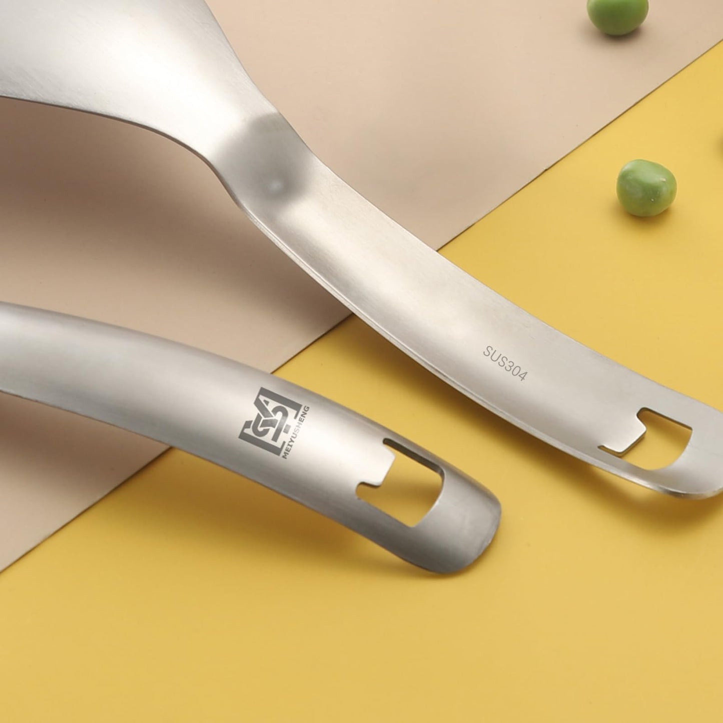 2PC Multi-Function Cooking Spoon with Potato Masher, Egg Yolk Separator, Grater Plate, Bottle Opener & Slotted Spoon - 304 Stainless Steel, MEIYUSHENG