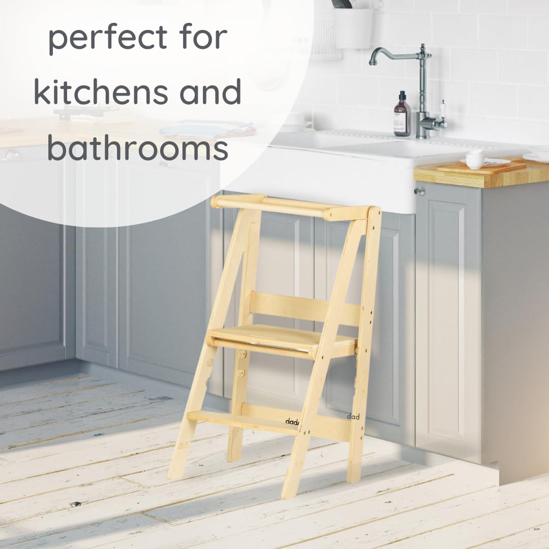 dadada Baby Foldable Montessori Tower - Adjustable Kitchen Step Stool for Kids with Safety Rail, Non-Toxic Finish, Great for Small Space Living (Natural)