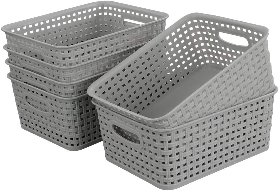 6-Pack Plastic Storage Organizer Basket, Slightly Gray, 10.04"L x 7.48"W x 3.95"H