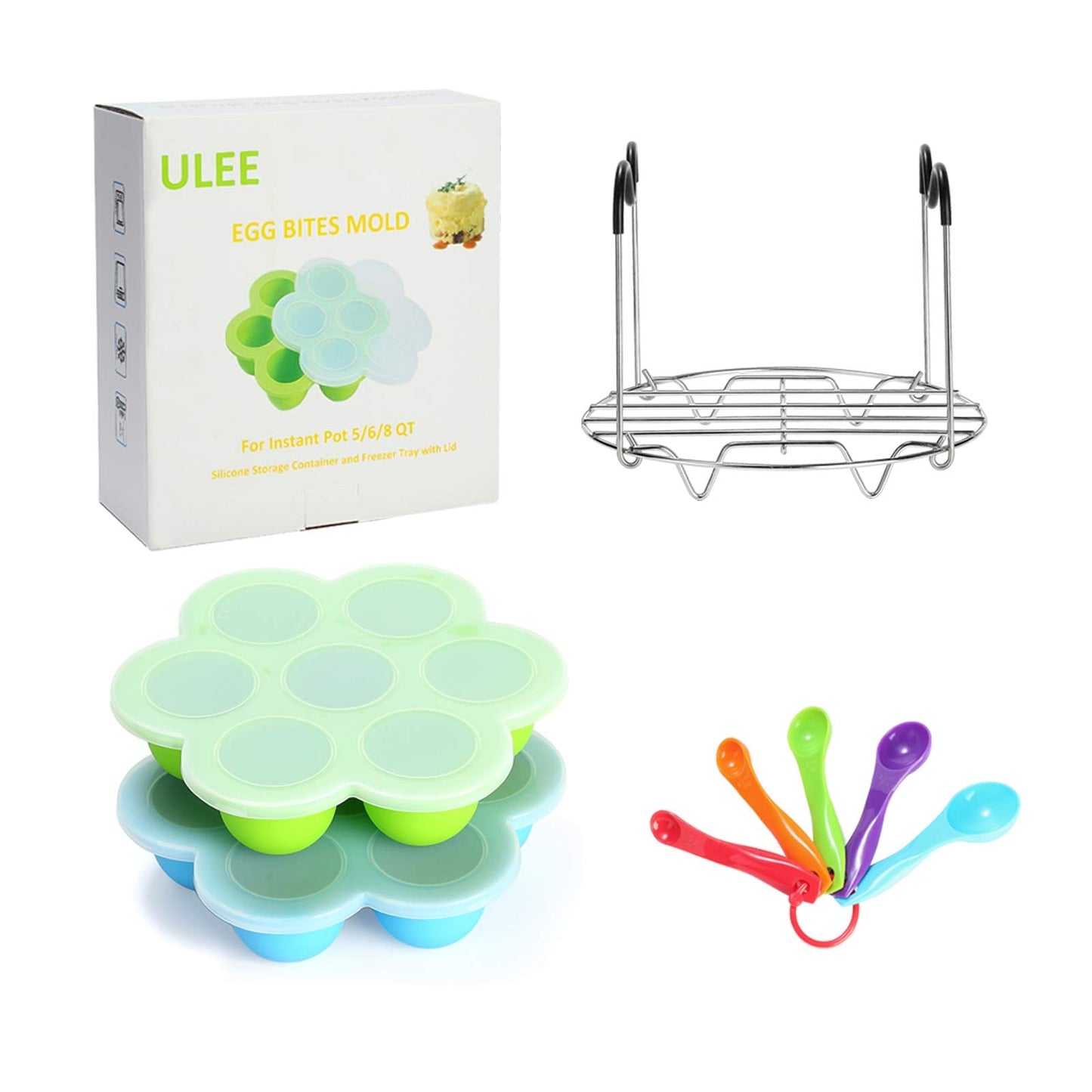 Silicone Egg Bites Molds for Instant Pot Accessories 6 Qt 8 Qt, Including Steamer Rack Trivet with Heat Resistant Handles, 5-Piece Measuring Spoons as Bonus, Sous Vide Egg Poacher