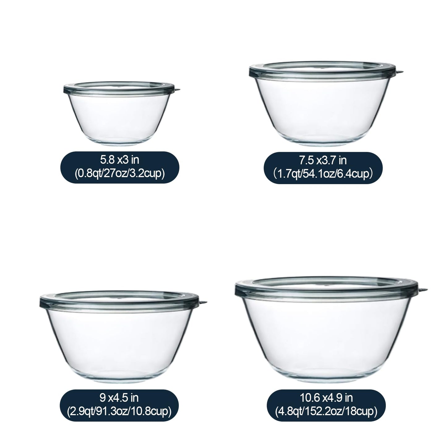 M MCIRCO Glass Mixing Bowls with Lids, 4 Packs Glass Bowl Set, Nesting Bowls for Meal Prep, Food Storage, Bowls For Cooking, Baking, BPA-Free, 0.8/1.7/2.9/4.8 Qt