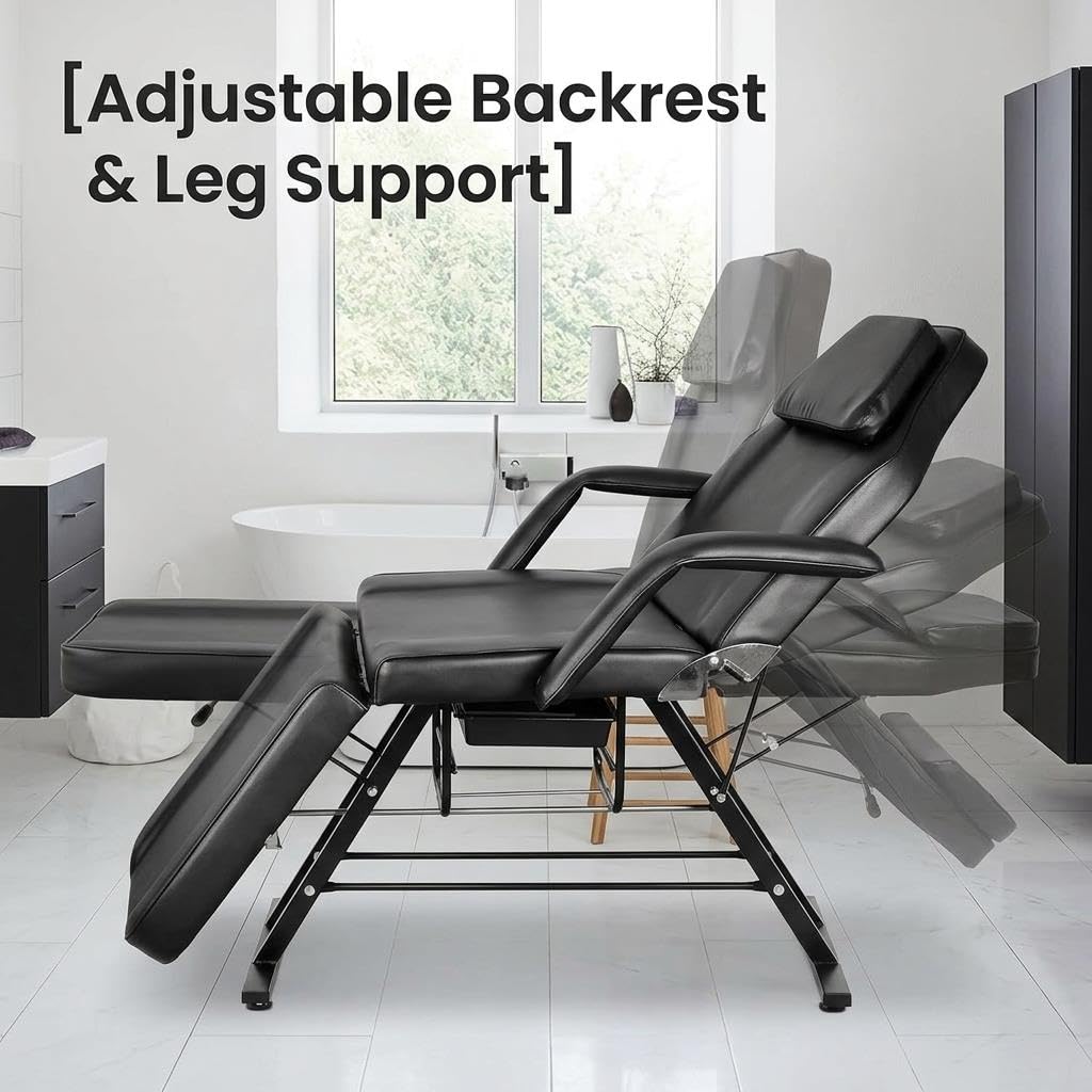 Sturdy Multipurpose Spa Bed, Salon Chair Facial Bed with Hydraulic Rotating Stool, Adjustable 3-Section Spa Massage Table for Tattoo & Beauty Use