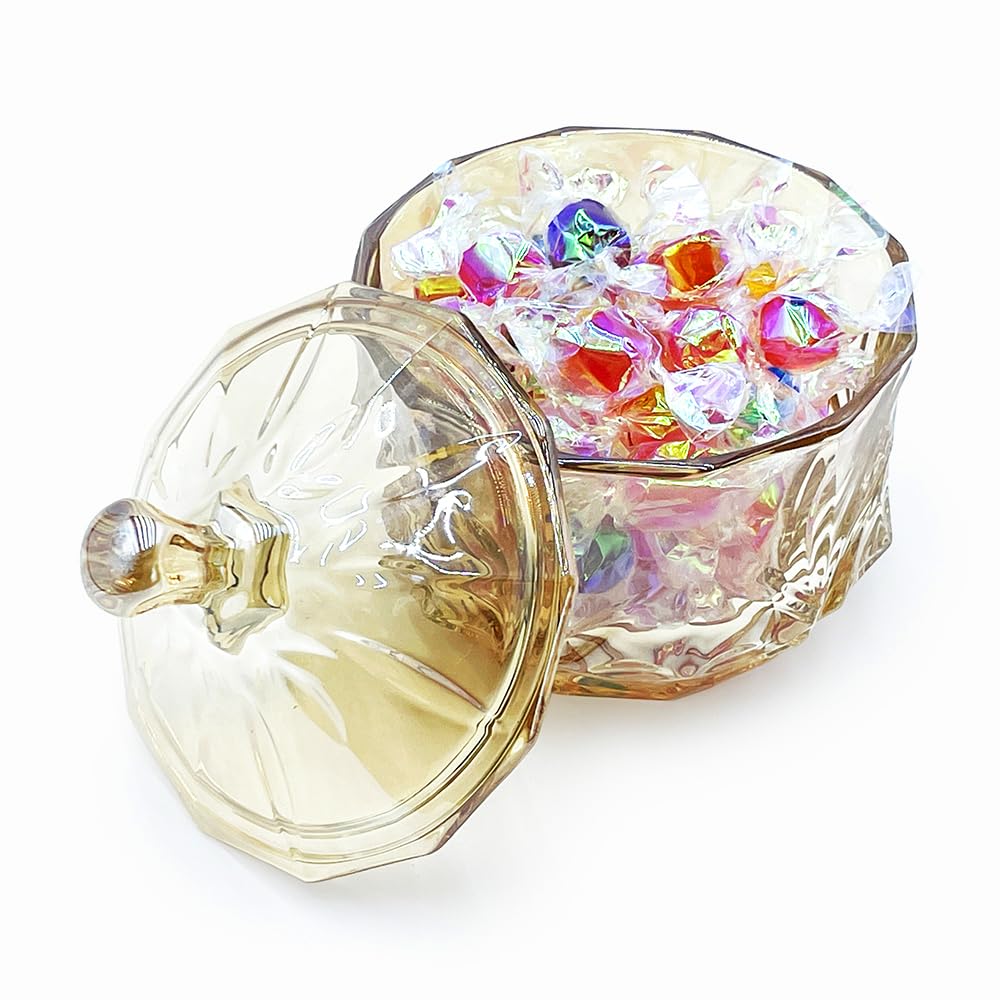 EWEIGEER 8oz Glass Candy Jar with Lid,Small Crystal Fall Candy Dish,Apothecary Jar for Cotton Balls Q Tips Small Accessories Office Bathroom Dining Room Organizer (Amber)