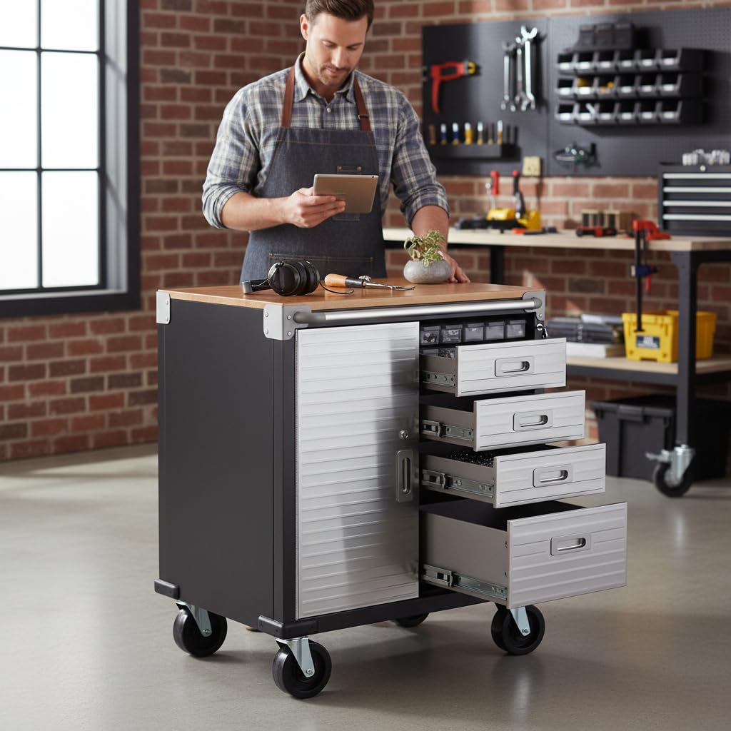 Rolling Tool Cabinet with Solid Wood Top, Heavy Duty Metal Storage Cart with 4 Drawers & Lockable Tambour Door, Mobile Utility Workbench on Wheels for Garage, Workshop, Office (Graphite Black)