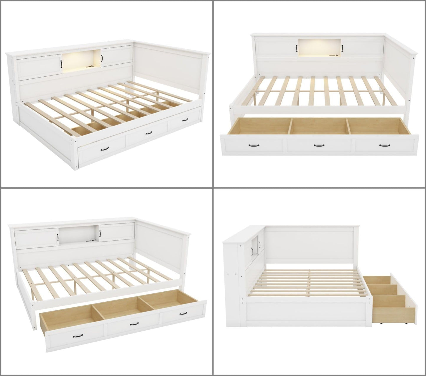 Merax Full Size Corner Bed Frames with Storage Drawers, Bookcase, Charging Station, Led Downlight, Wooden L-Shaped Captain Daybed Platform for Small Room, Bedroom, Guest Room, Kids'Room, White