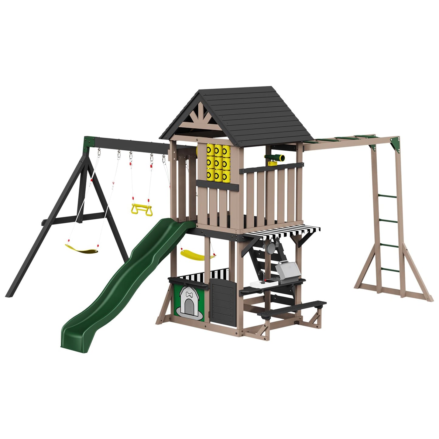 Albott Wooden Swing Set for Kids, Large Outdoor 11-in-1 Playset with Playhouse, Wave Slide, 2 Swings and Climbing Wall, Backyard Playground for Ages 3–8, 200" D x 161" W x 114" H