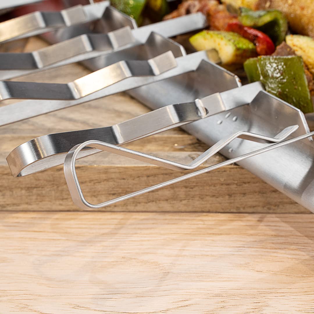 Restaurantware Met Lux 16.9 Inch Barbecue Skewers With Racks 8 Piece Heavy-Duty Shish Kabob Skewer Set - Brings 6 Skewers Includes 2 Grill Racks Stainless Steel Grilling Skewer Set Reusable