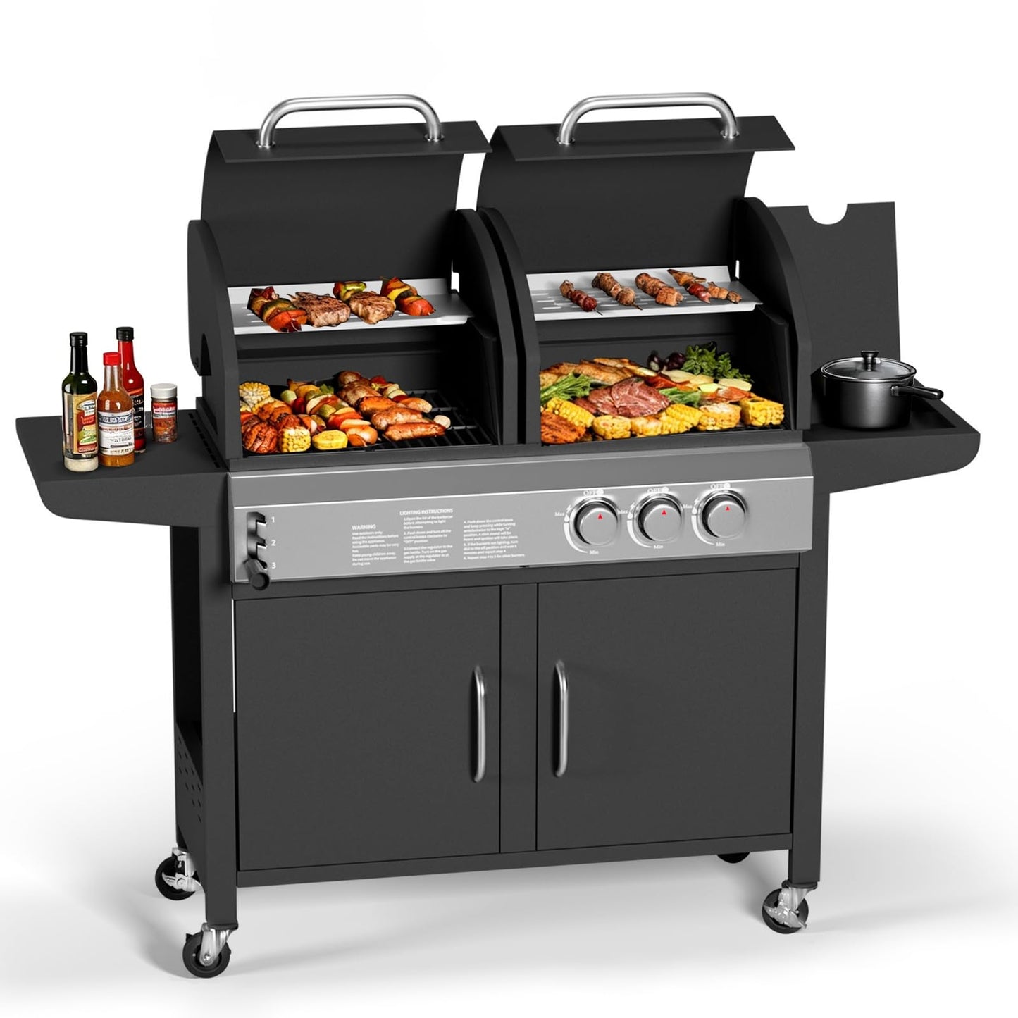 Garvee 3 Burner Propane Gas and Charcoal Grill Combo with Side Burner, Outdoor Dual Fuel Grill with Storage Cabinet for Patio & Party & Kitchen & Backyard Barbecue
