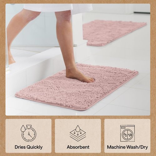 GORILLA GRIP Bath Rug Mat - Soft Chenille Microfiber, Quick-Dry & Washable | 44x26, Dusty Rose