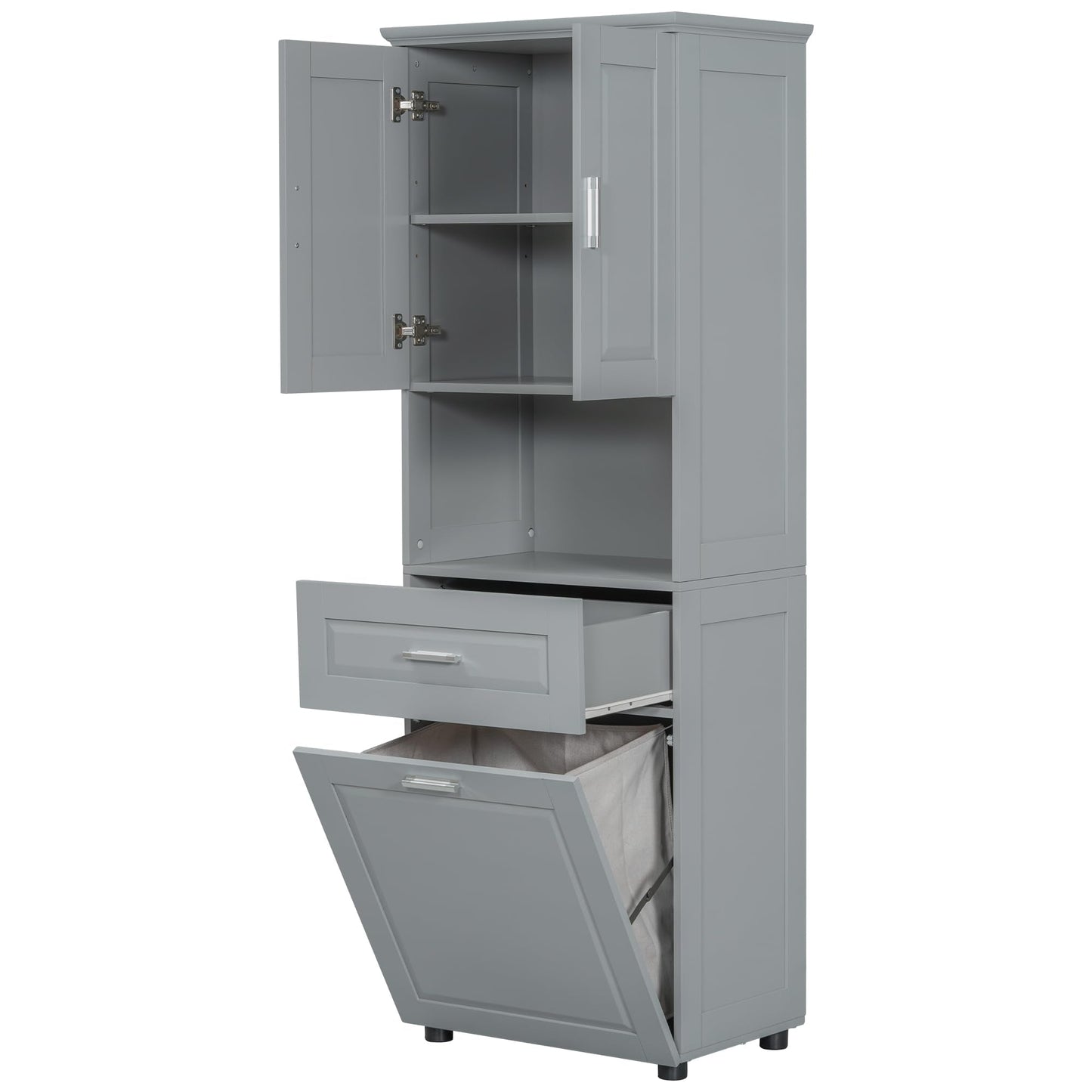 Virubi Tall Laundry Cabinet with Tilt Out Laundry Hamper and Drawer, Modern Wood Bathroom Storage Cabinet with Doors and Adjustable Shelves, Freestanding, Grey