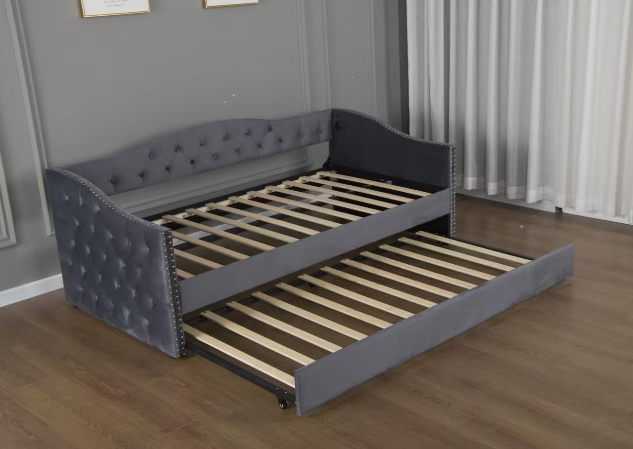 KEIKI Twin Size Daybed with Trundle and USB Charging, Upholstered Velvet Bed Frame with Storage, Captains Bed for Bedroom/Guestroom/Dorm, Gray