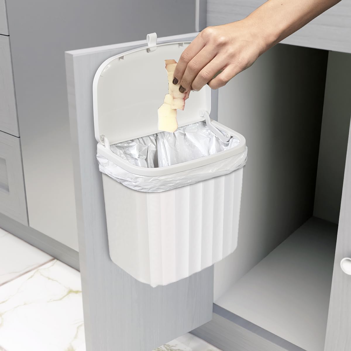 Glad Roomate Under Counter Waste Bin | Space Saving Small Trash Can for Kitchen Cabinet, Bathroom or Office | Dual Lid for Ease of Opening, 7 Liter, White