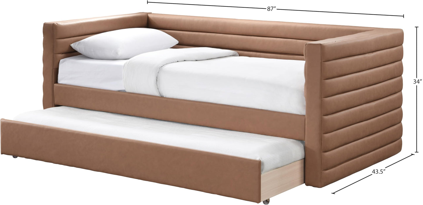 Meridian Furniture BeverlyCognac-T Beverly Collection Modern | Contemporary Twin Daybed with Soft Cognac Premium Vegan Leather, Deep Channel Tufting, Twin Trundle, 87" W x 43.5" D x 34" H, Cognac