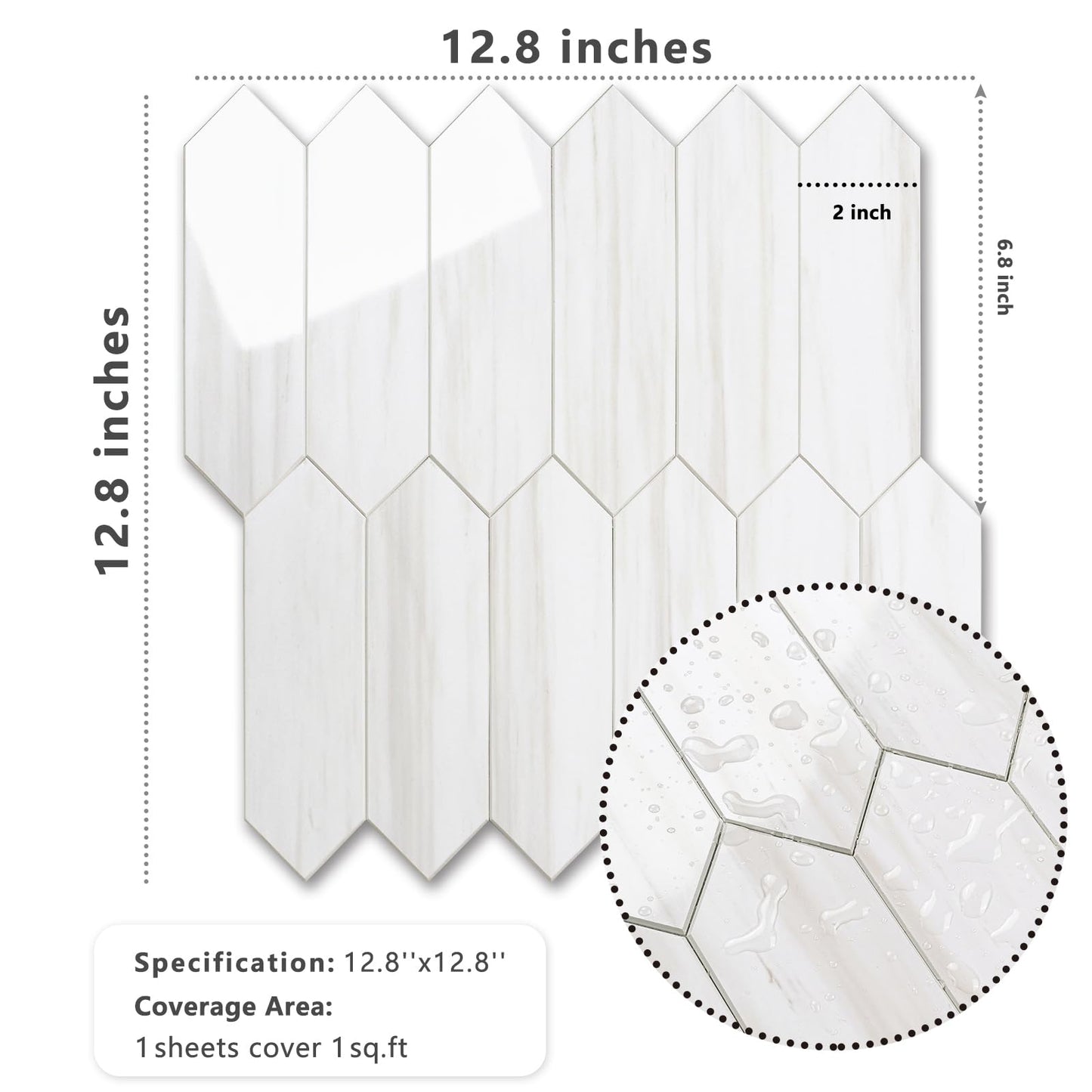 Vamos Tile 1 Sheet Glossy Dolomite White Backsplash Tile Peel and Stick, 12.8 x 12.8 Inch Long Hexagon PVC Self Adhesive Mosaic Wall Tiles Stick on Backsplash for Kitchen and Bathroom