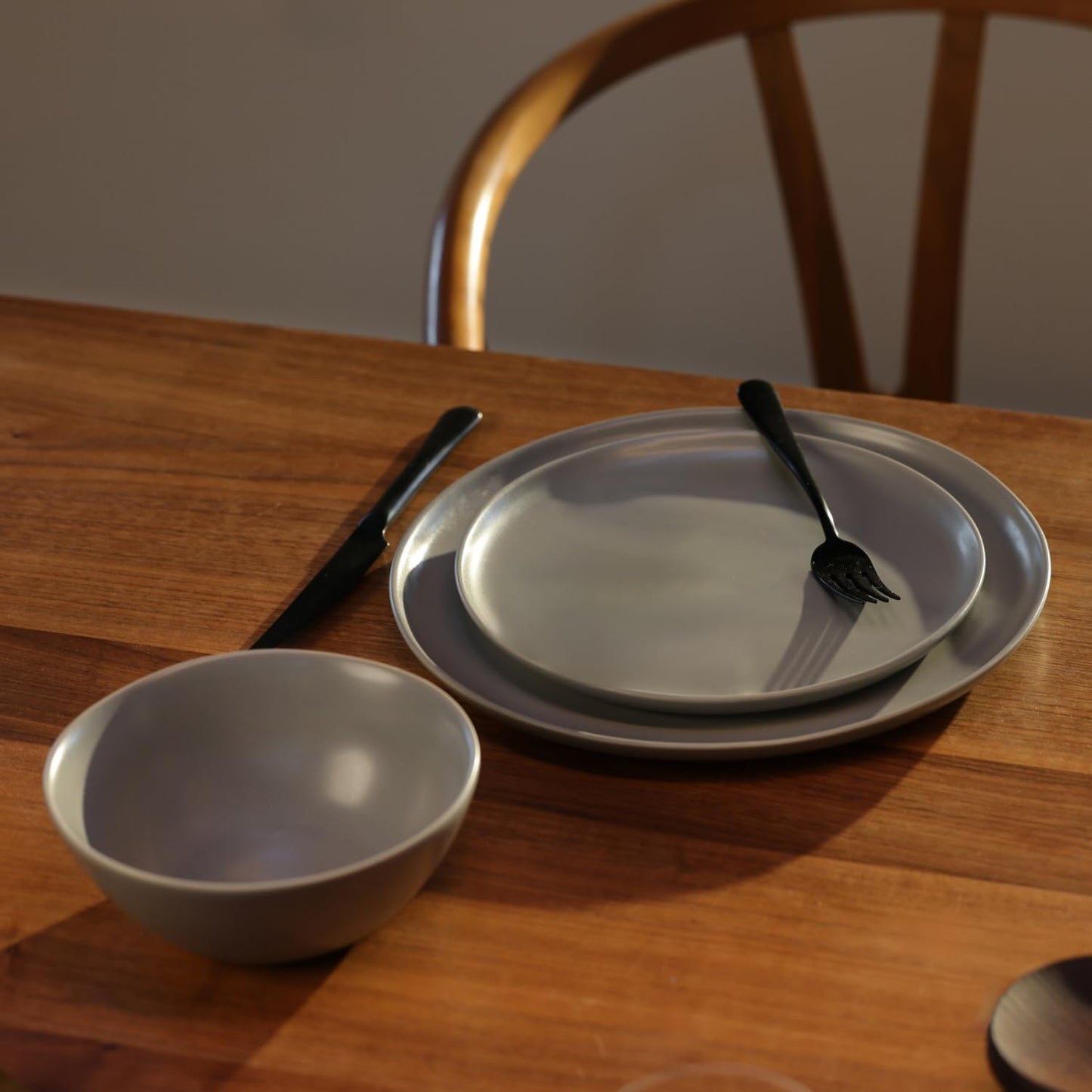 Fable Dinnerware Set - Includes 4 Each of The Dinner + Salad Plates, and The Breakfast Bowls - Dishwasher Safe, Durable Stoneware Ceramic Plates and Bowls - Dove Gray