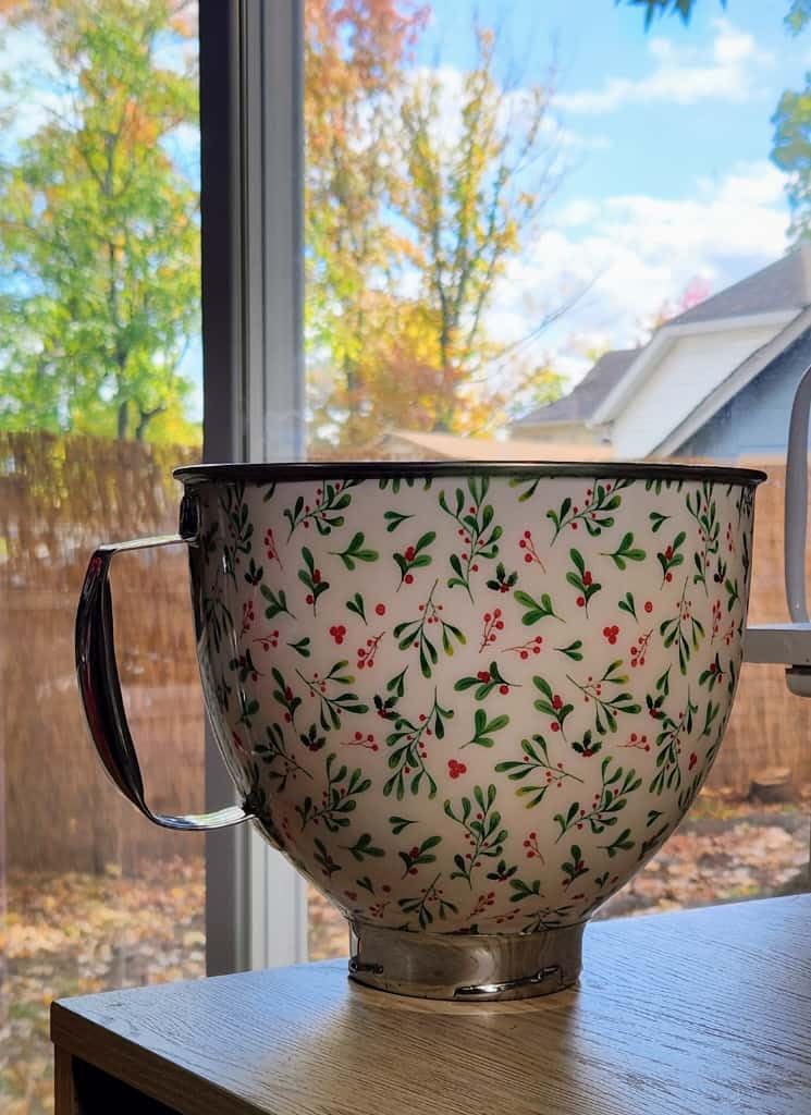 Biscuitique Stainless Steel Mixer Bowl with Stunning Floral Holly Berry Pattern Compatible with Kitchen Aid Tilt-Head 4.5 Quart and 5QT Stand Mixer