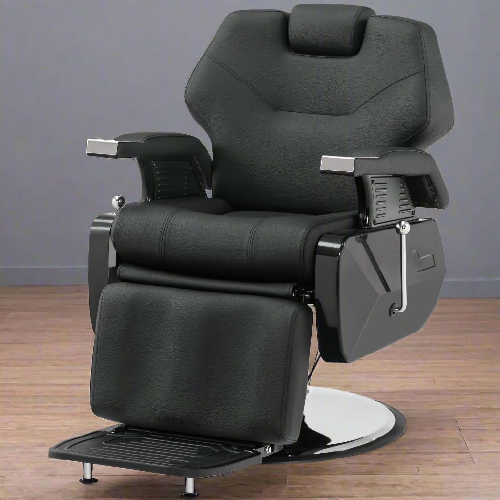 BarberPub Classic Modern Sturdy Heavy Duty Hydraulic Recline Barber Chair All Purpose Salon Home Beauty Spa Barbershop Styling Equipment, PVC Leather, Adult 9208 (Black)