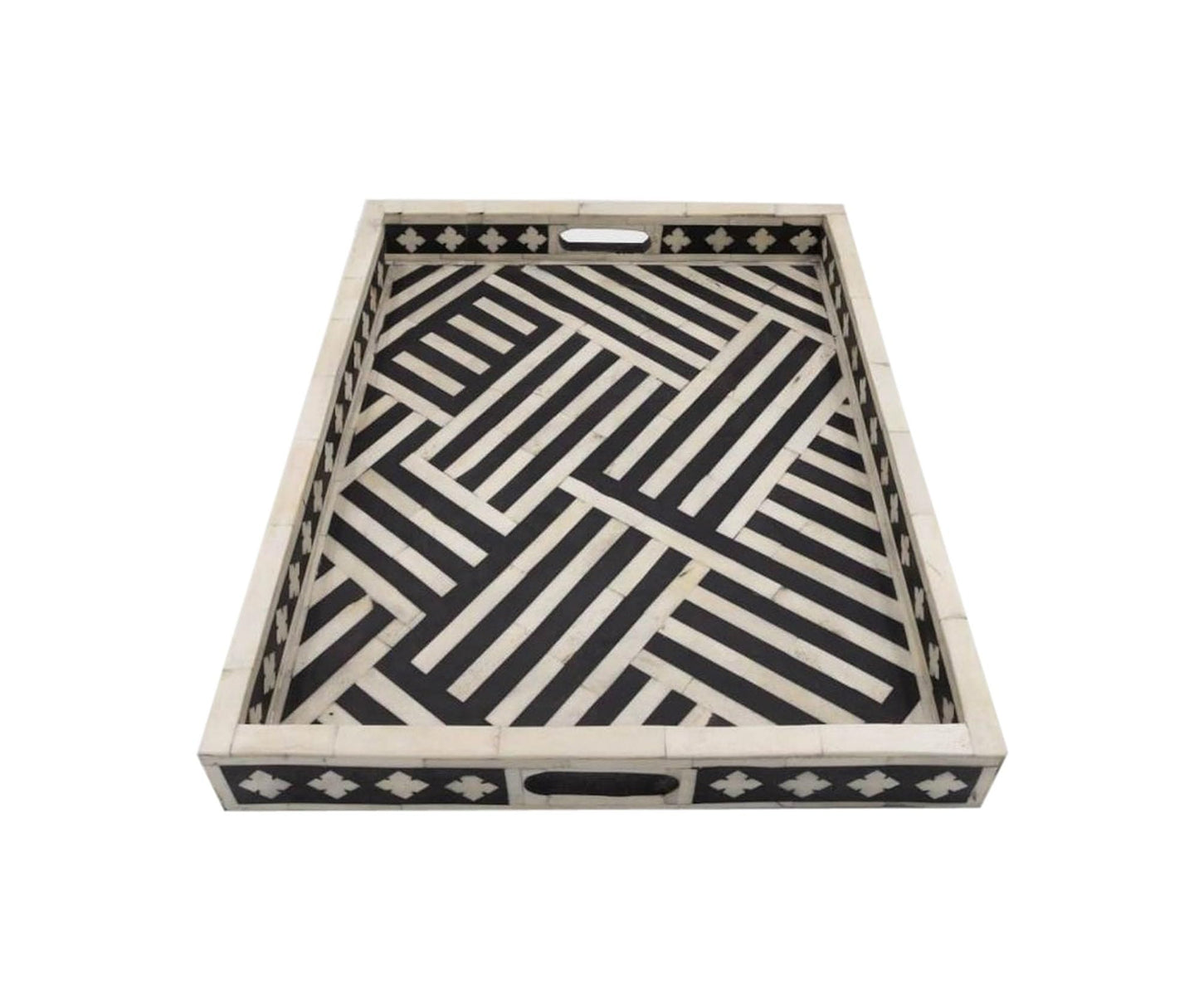 Hansa Industries Handmade Bone Inlay Serving Tray Rectanglular Geometrical Pattern Decorative Coffee Tray Platter Table Decor