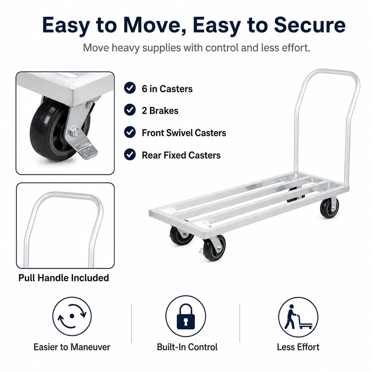 20" x 48" Mobile Aluminum Dunnage Rack with Handle, 1600 lb Capacity Heavy Duty Platform Cart with Casters, Rolling Storage Rack for Commercial Kitchen, Restaurant, Warehouse, Pantry and Bulk Supplies