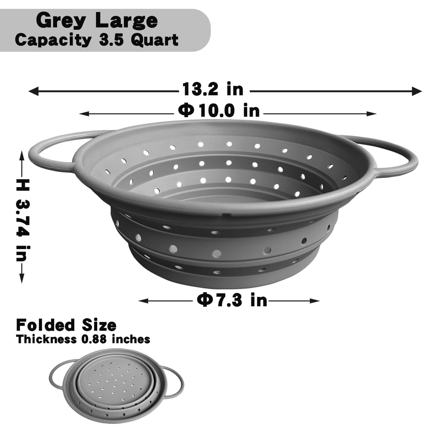 Collapsible Colander with Handle, Silicone Kitchen Colander for Easy Storage,Four-side Fast Draining Silicone Draining Basket, Perfect for Fruits Vegetables (Gray L)