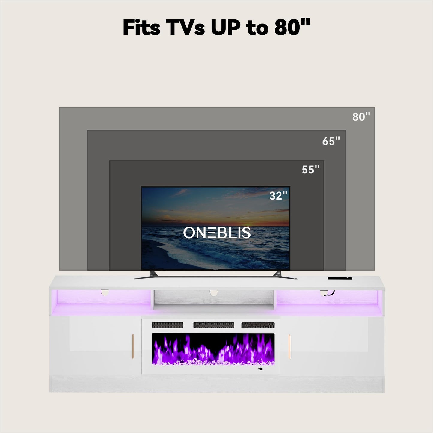 OneBlis 70" Fireplace TV Stand with Power Outlet, Electric Fireplace Entertainment Center with Storage Cabinets, Fits TVs up to 80", TV Console with LED Lights for Living Room, Office, White-White