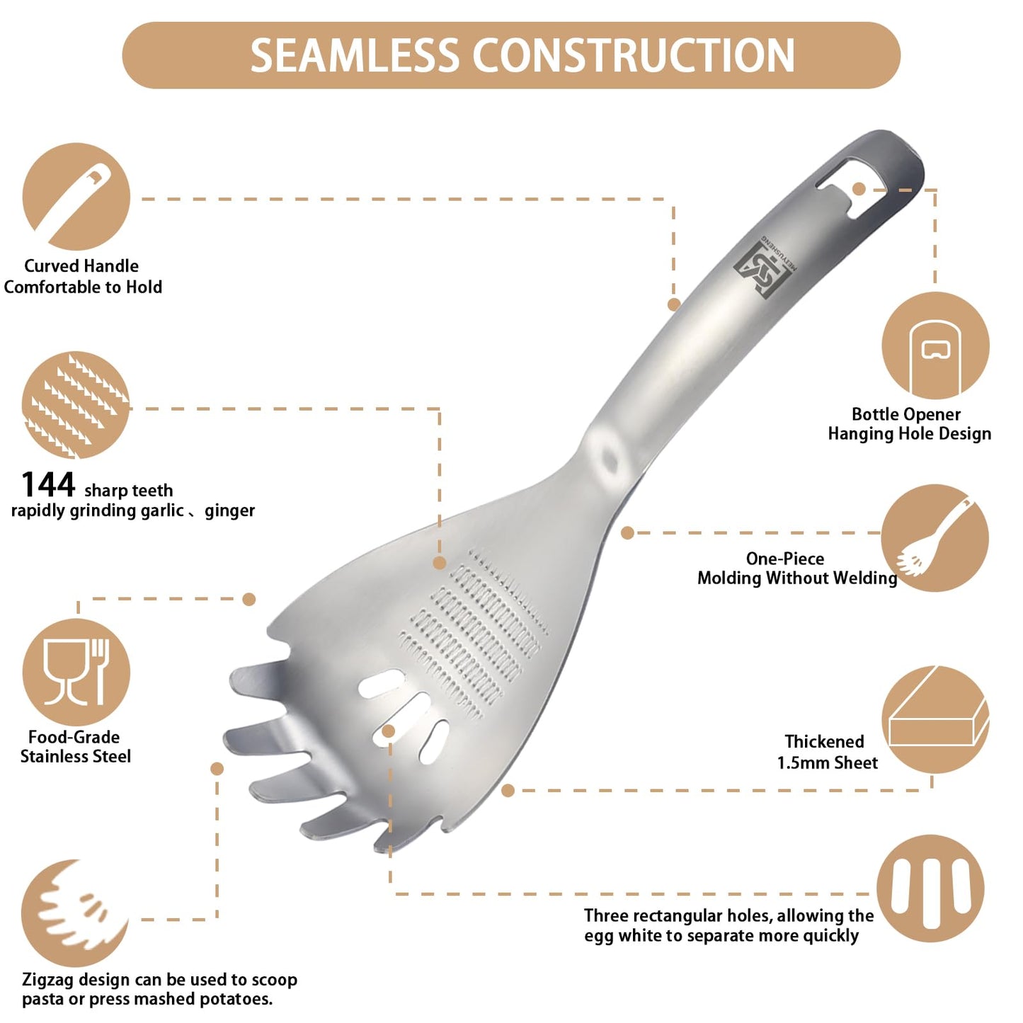 MEIYUSHENG 304 Stainless Steel Multi-Function Pasta Cooking Spoon: Comes with Potato Masher, Egg Yolk Separator, Grater Plate, Bottle Opener & Slotted Spoon