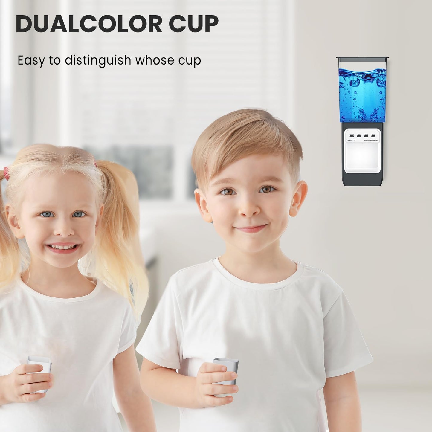 WOVAZUS Auto-Mouthwash Dispenser for Bathroom - 700mL Rechargeable Wall-Mounted with 2 Magnetic Cups, 3 Smart Levels, No-Drill Installation for Kids & Adults (12-Month Battery)