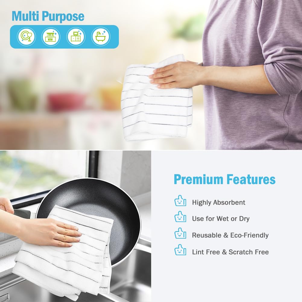 AIDEA Kitchen Towels-8PK, Super Soft and Absorbent Drying Towels for Dishes, Microfiber Cleaning Cloth Multi-Purpose Dish Towels for Kitchen, Home-Grey/White -18”x26”