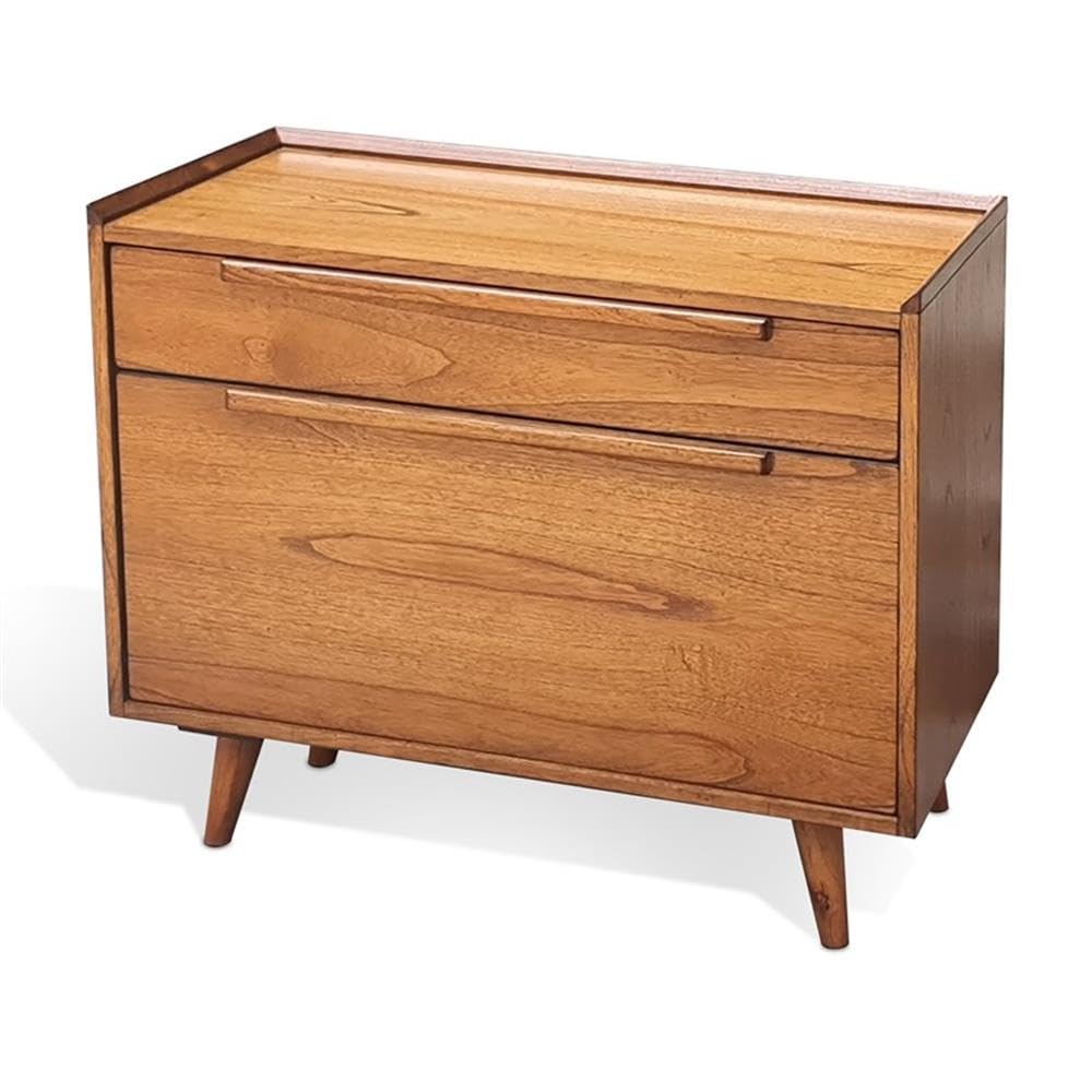 Pemberly Row Mid-Century Solid Wood Lateral File Cabinet, Brown Finish, 2-Drawer Design, Tapered Legs, Minimalist Aesthetic, Home Office or Workspace Storage Solution