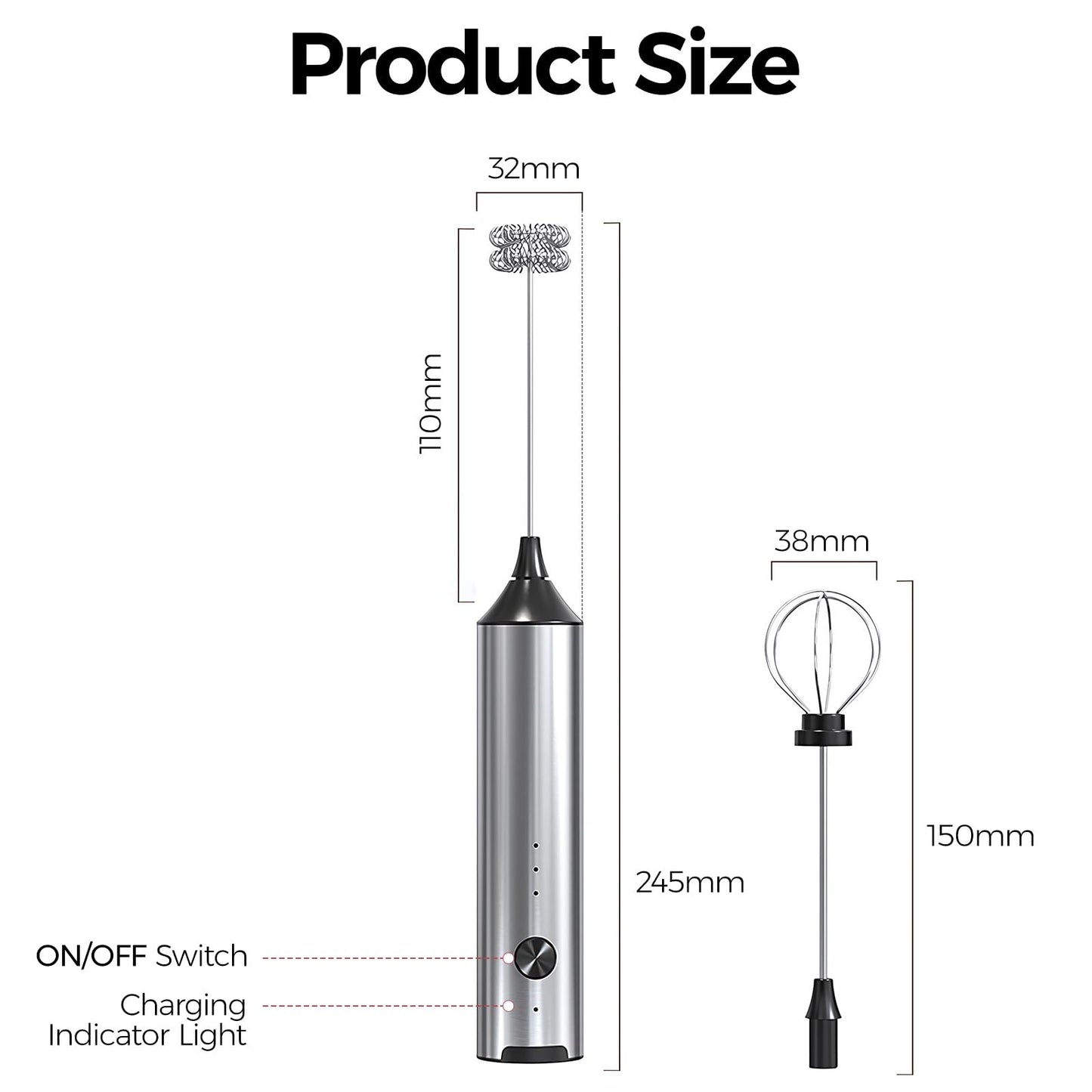 YARRAMATE Rechargeable Milk Frother Wand Handheld, 3 Speed Adjustable Electric Drink Mixer with 2 Whisks, Stainless Steel Stirrer for Coffee, Lattes, Protein Shakes, Matcha, Egg