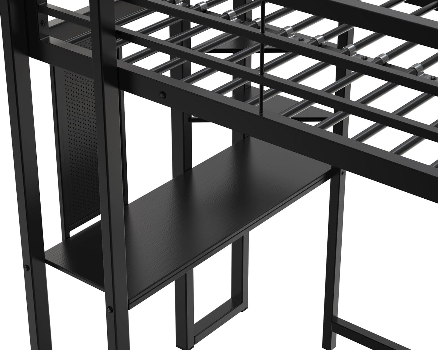 KEIKI Twin Size Loft Bed with Desk, 2 Side Ladders, Storage Shelves, Safety Guardrail, No Box Spring Needed, Space-Saving Metal Loft Bed Frame for Kids/Teens/Adults