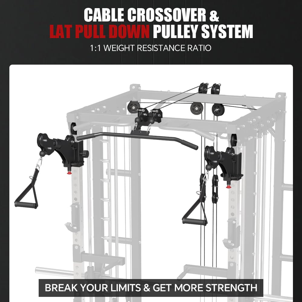 FAGUS H Black Commercial Smith Machine with Smith Bar, 4000LB Power Cage Squat Rack with Lever Arm, Leg Press, LAT Pull Down System, Multi-Function Linear Bearing Cable Crossover Machine for Home Gym
