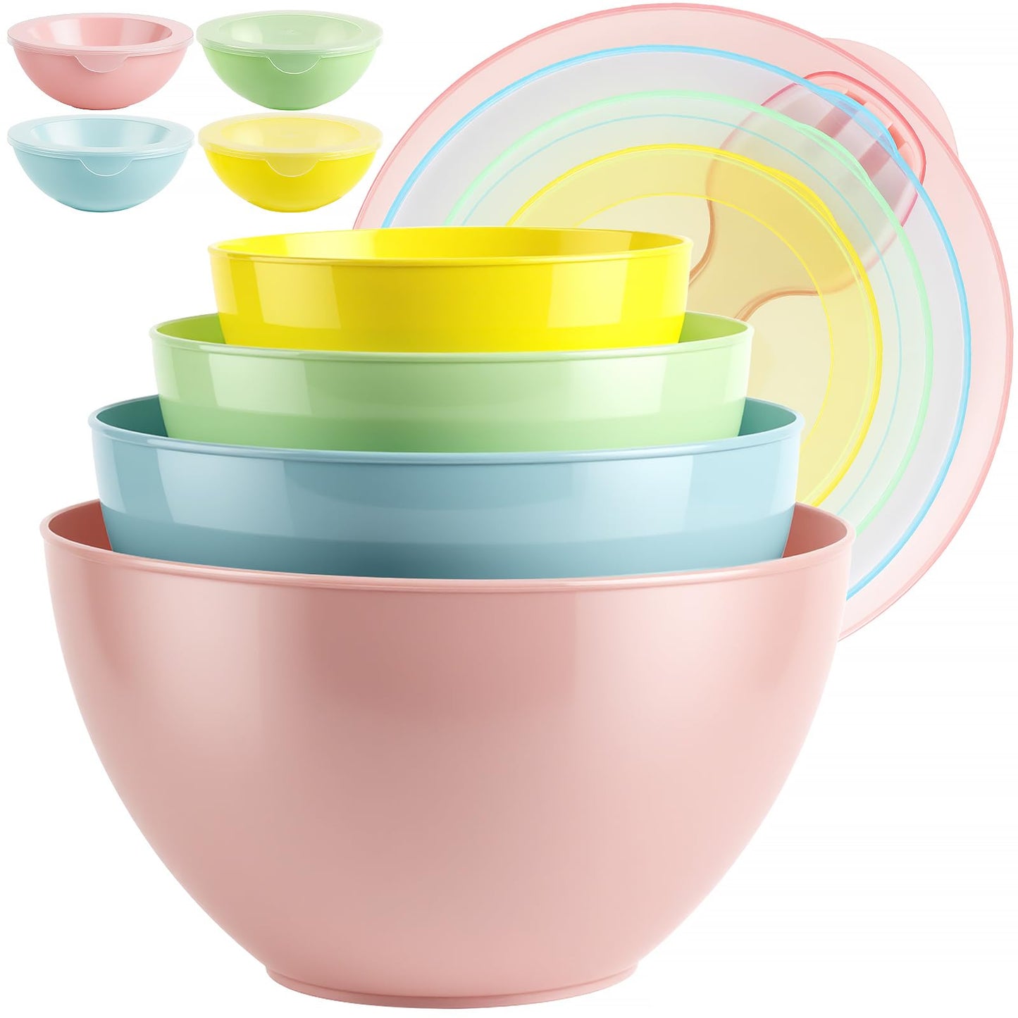 16 Piece Plastic Mixing Bowls with Lids Set - Nesting Bowls Set includes 8 Prep Bowls and 8 Lids, 2-in-1 Spoon-Fork, Large Salad Bowl for Preparing, Serving, and Storing, Dishwasher & Microwave Safe