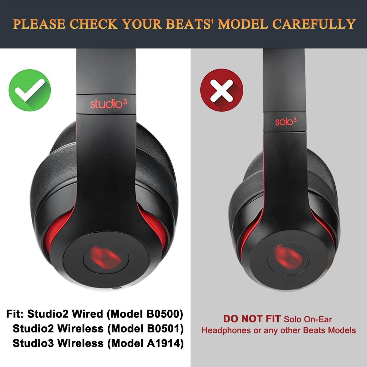 SoloWIT Replacement Ear Pads Cushions for Beats Studio 2 & Studio 3 Wired/Wireless Over-Ear Headphones, Earpads with Soft Protein Leather, Noise Isolation Memory Foam (Black)