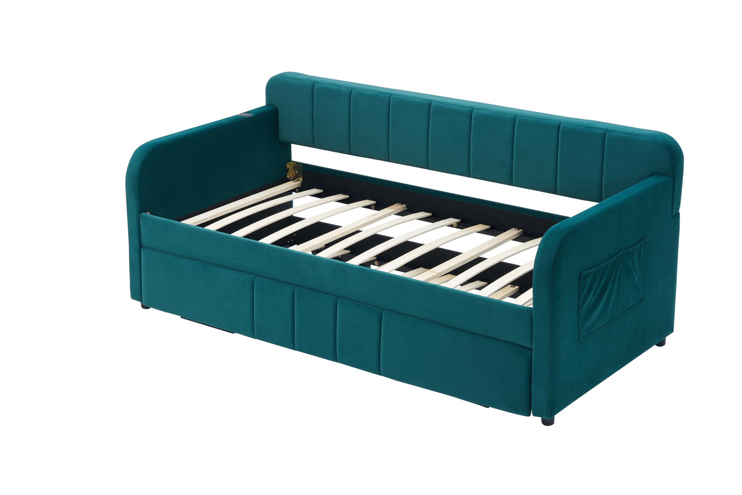 Ball & Cast Twin Size Daybed with Pop up Trundle,Velvet Upholstered Day Bed Frame with Channel Tufted Backrest,Extendable Trundle Bed with USB Port & Side Pocket,Twin to King Design,Emerald