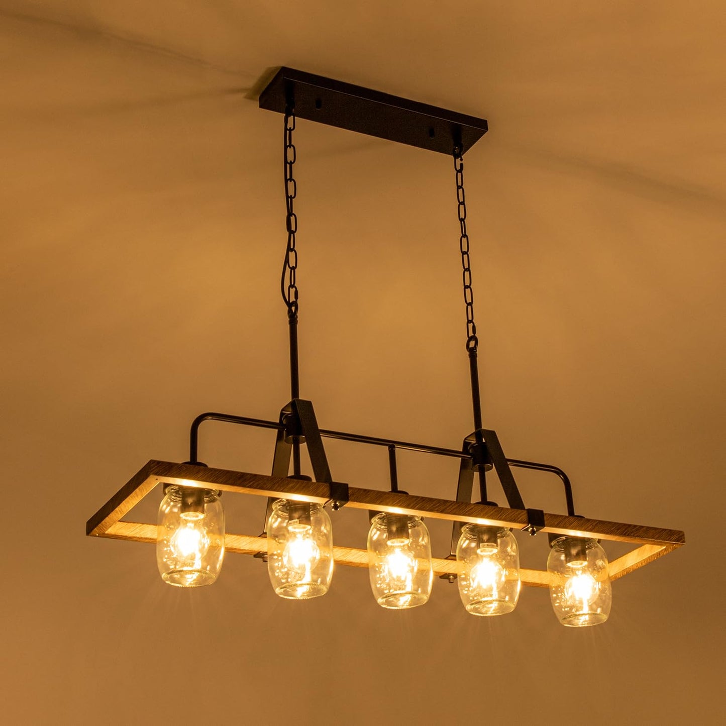 Wellmet Kitchen Island Chandelier, Mason Jar Pendant Light Dining Room, 5-Light Wooden Paint Pendant Light for Living Room, Dining Table, Kitchen, Hallway, Restaurant, 39.3''W