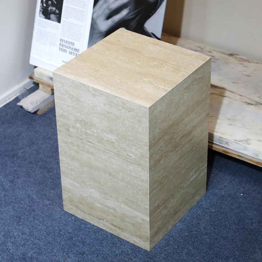 Modern Sintered Stone End Table for Living Room & Entryway, Sofa Table with Square Pedestal Base for Small Spaces, Fully Assembled & Low-Maintenance (Beige)