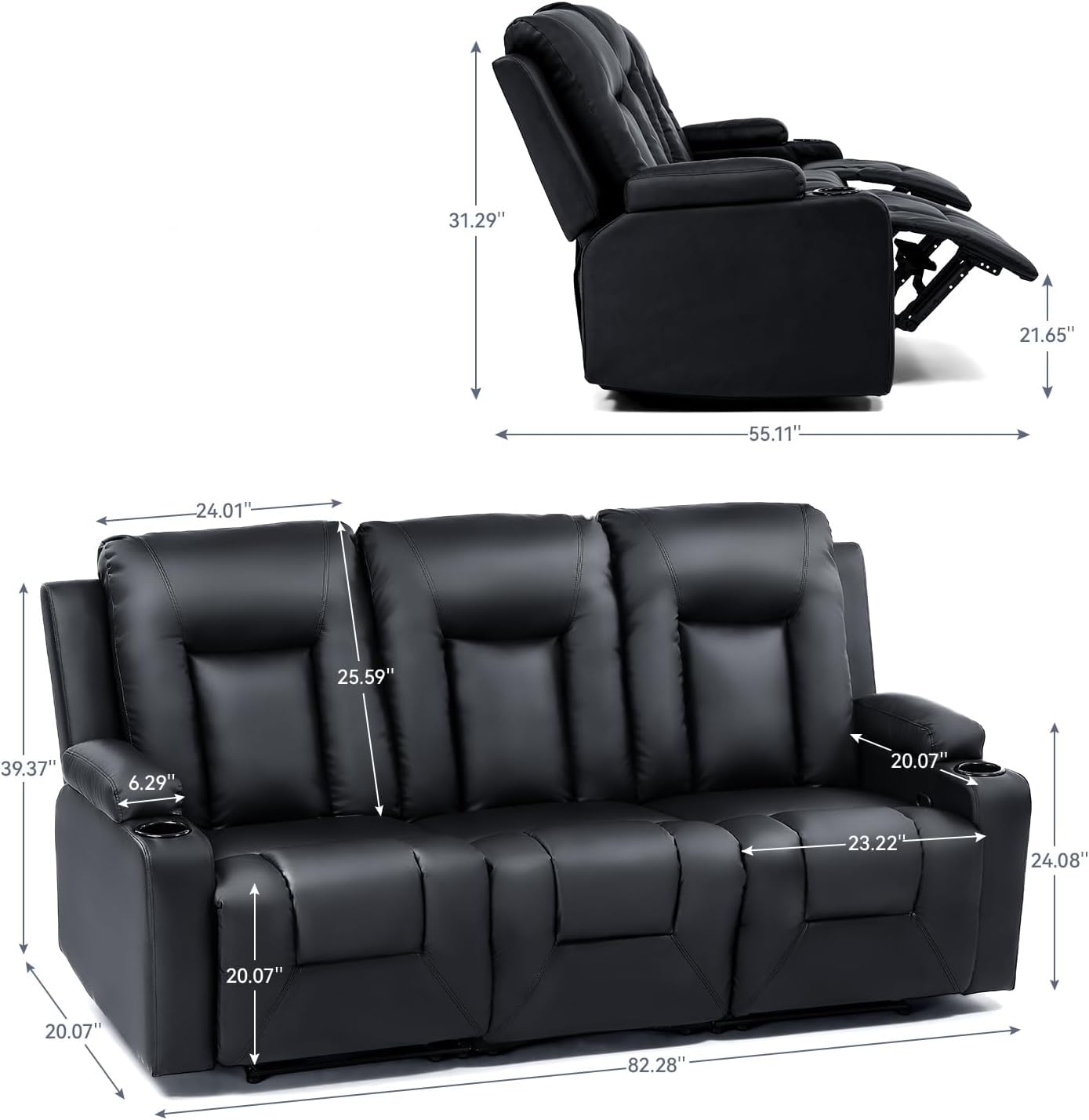LUCKLIFE Leather Recliner Sofa Set with Manual Recliners,Living Room Furniture Set with Reclining Couch,Loveseat and Armchair,Living Room Chair with Cup Holders,Black (3)