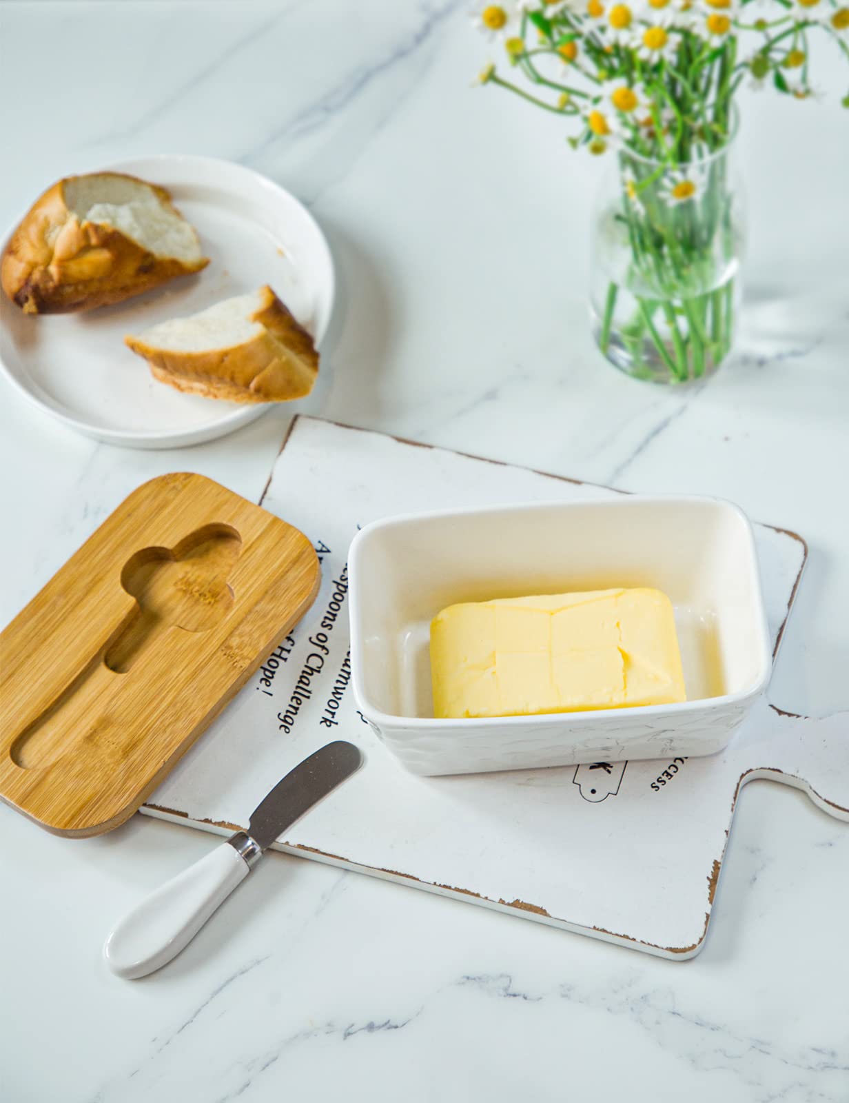 Butter Dish with Lid: Large Butter Dish for Countertop - Ceramic Butter Container with Knife Double Silicone Seal - Unique Stone Butter Dishes with Covers for Farmhouse Kitchen Decor Home Decor White