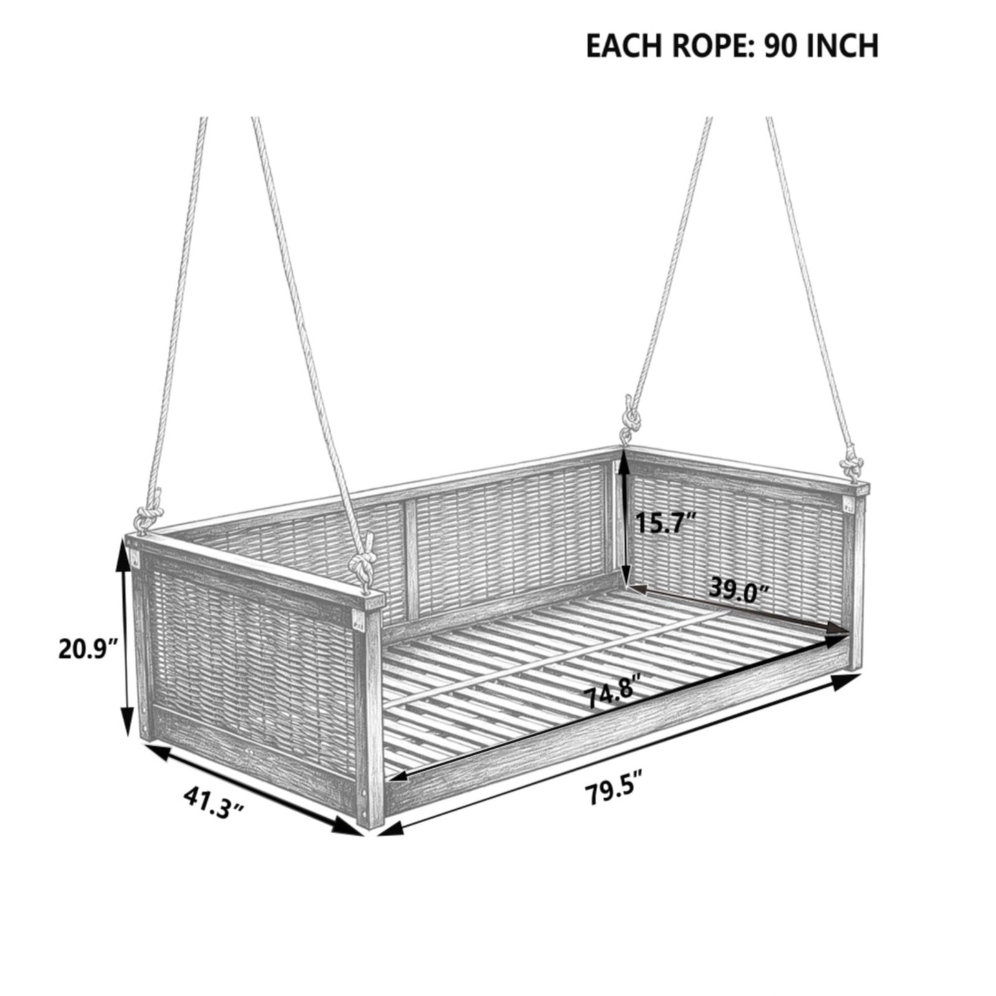 Outdoor Twin Size Porch Swing Bed w/Solid Wood Frame for Garden, All Weather Wooden Swing Bench w/Hand Woven Rattan Backrest & Armrest for Patio, Deck, Balcony, Backyard (Light Teak)