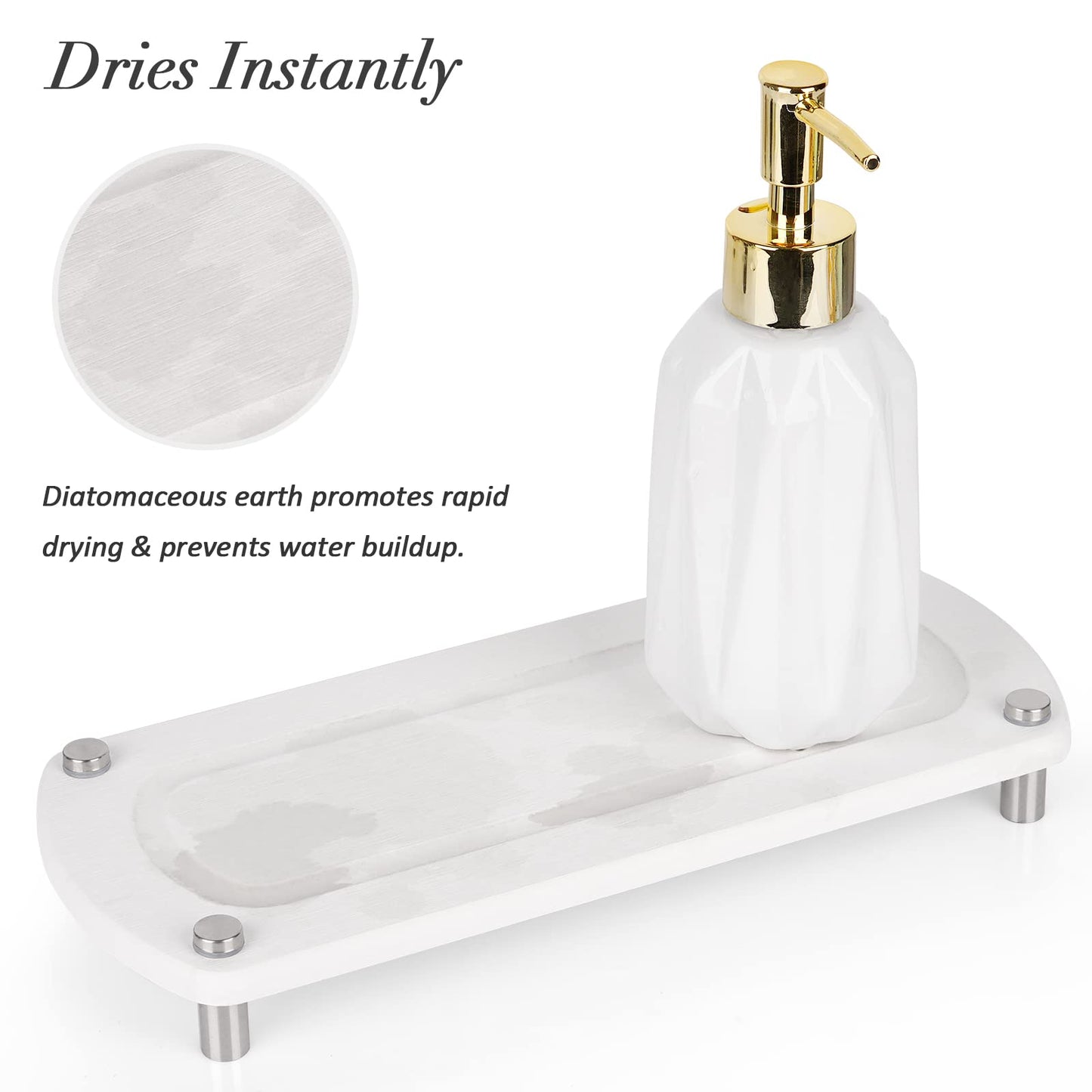 Ozzptuu Sink Caddy Instant Dry Kitchen Sink Organizer Sponge Holder for Kitchen Sink Diatomaceous Pedestal Stand Riser with Stainless Steel Feet Protection for Modern Home (White)