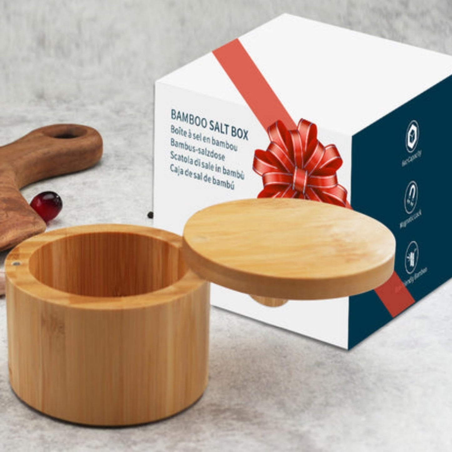 Pochita Global Bamboo Salt Cellar Bowl Box with Swivel Magnetic Lid to Avoid Dust, Elegant Kitchen Salt Container Holder with to Storage Pepper Spice Bath & Sea Salts, 6OZ(Built-in Spoon)