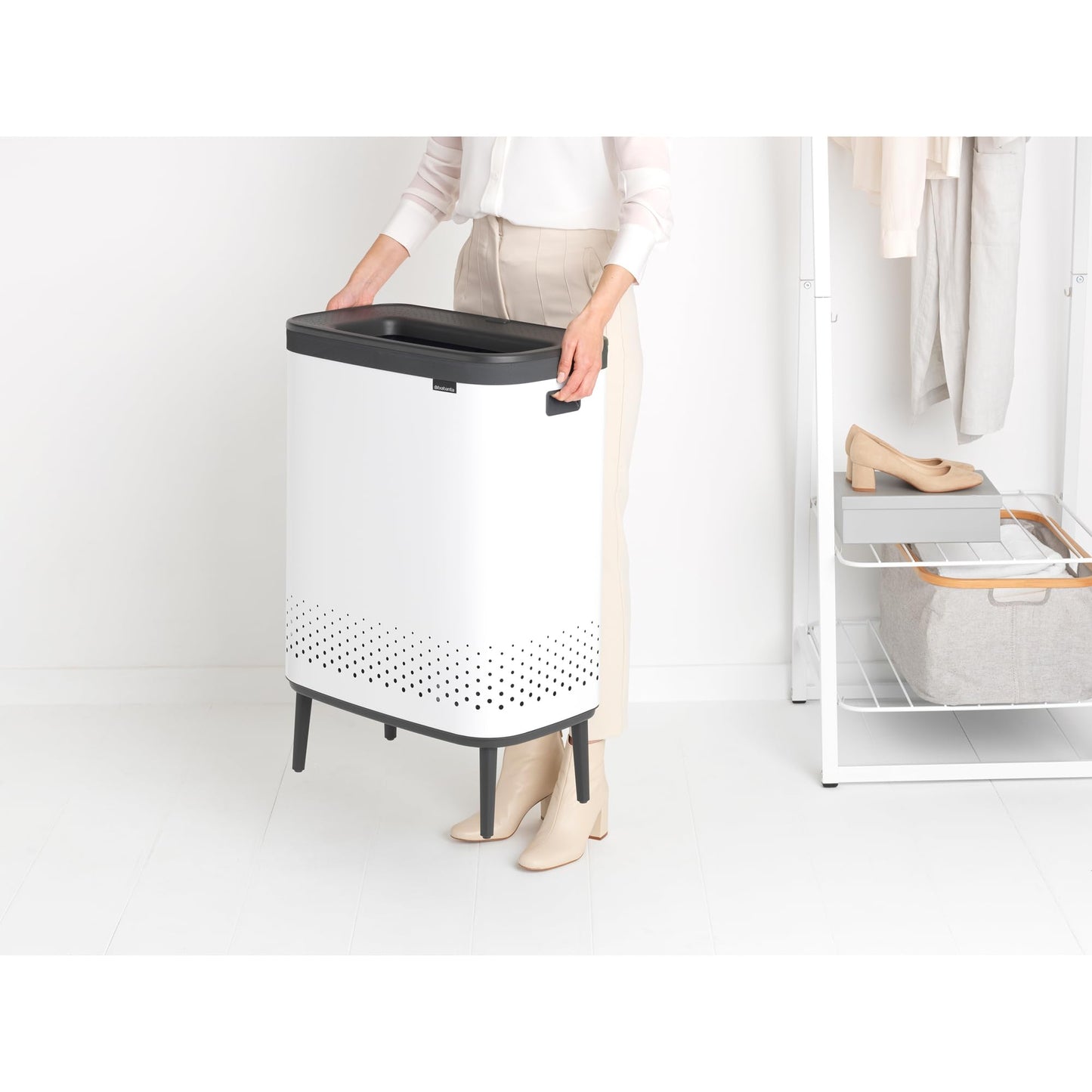 Brabantia Bo Laundry Hamper Hi (White) 2 Compartment Removable Laundry Bag 2 x 12 Gal, Ventilated Stylish Dirty Clothes Holder, Flat Back, Off-the Ground, Anti-Rust Materials for Bathroom Use